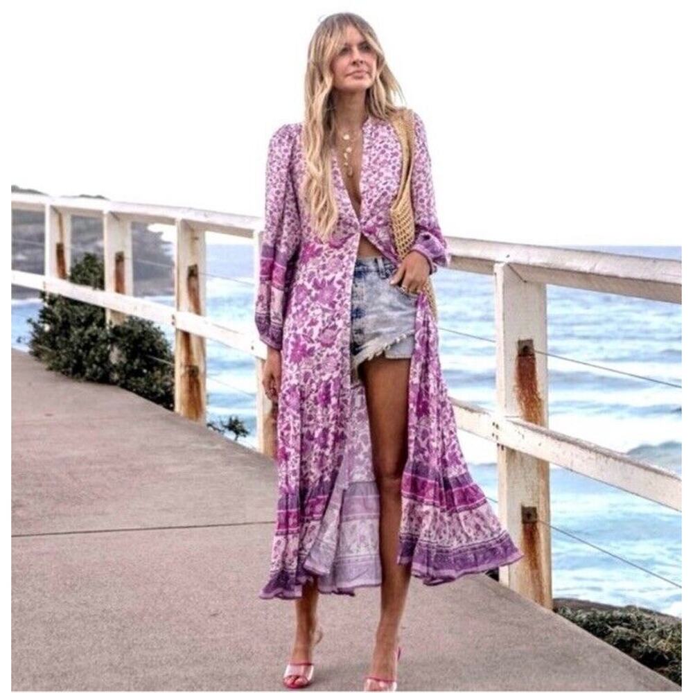 Spell Mossy Button Through Floral Gown Duster Maxi Dress Lilac Sz S - Picture 3 of 13